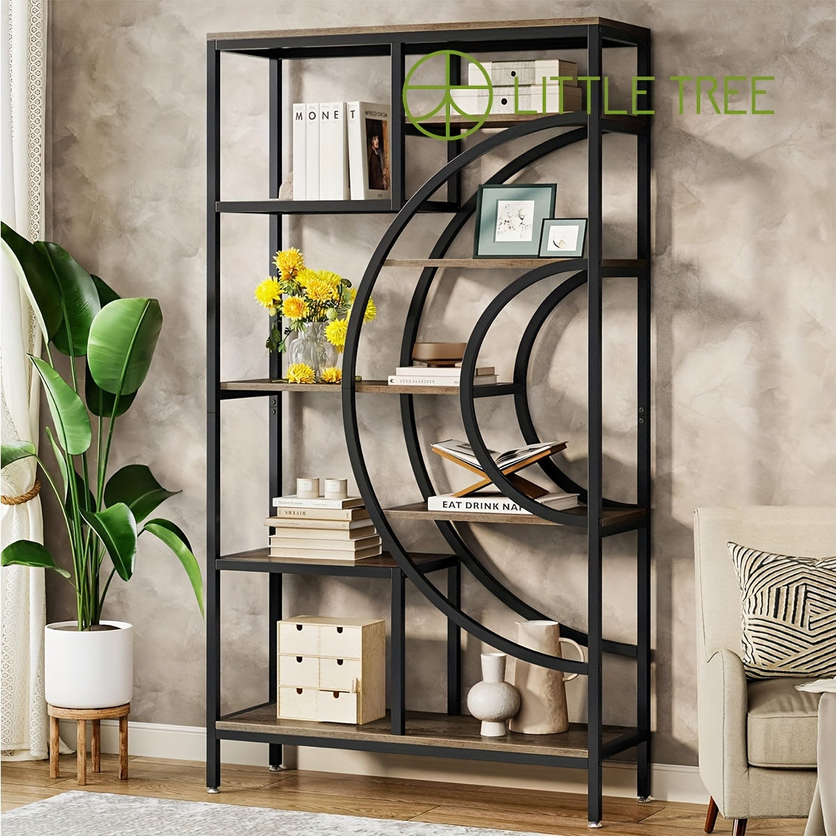 LITTLE TREE Rustic 8-Tiers Bookshelves with Metal Frame, Industrial Bookshelf Etagere Bookcase, Tall Freestanding Open Storage Shelving, Home Office, Living Room