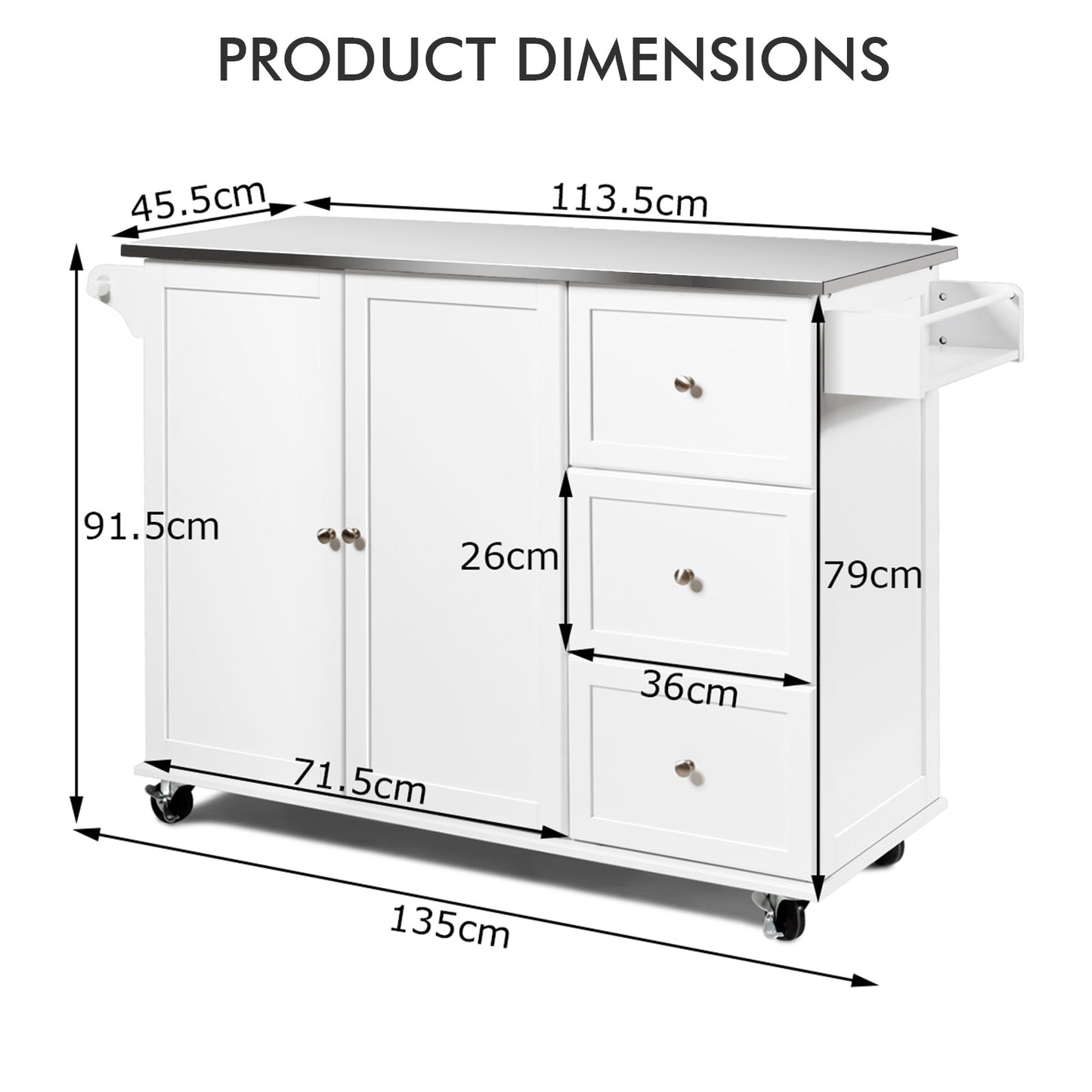 COSTWAY Kitchen Rolling Cart with Storage, Kitchen Island with Stainless Steel Countertop, 3 Drawers, Cabinet with Doors, Adjustable Shelves, Towel Rack, Spice Rack, 5 Caters, Trolley Cart Utility Cabinet for Kitchen, Dining