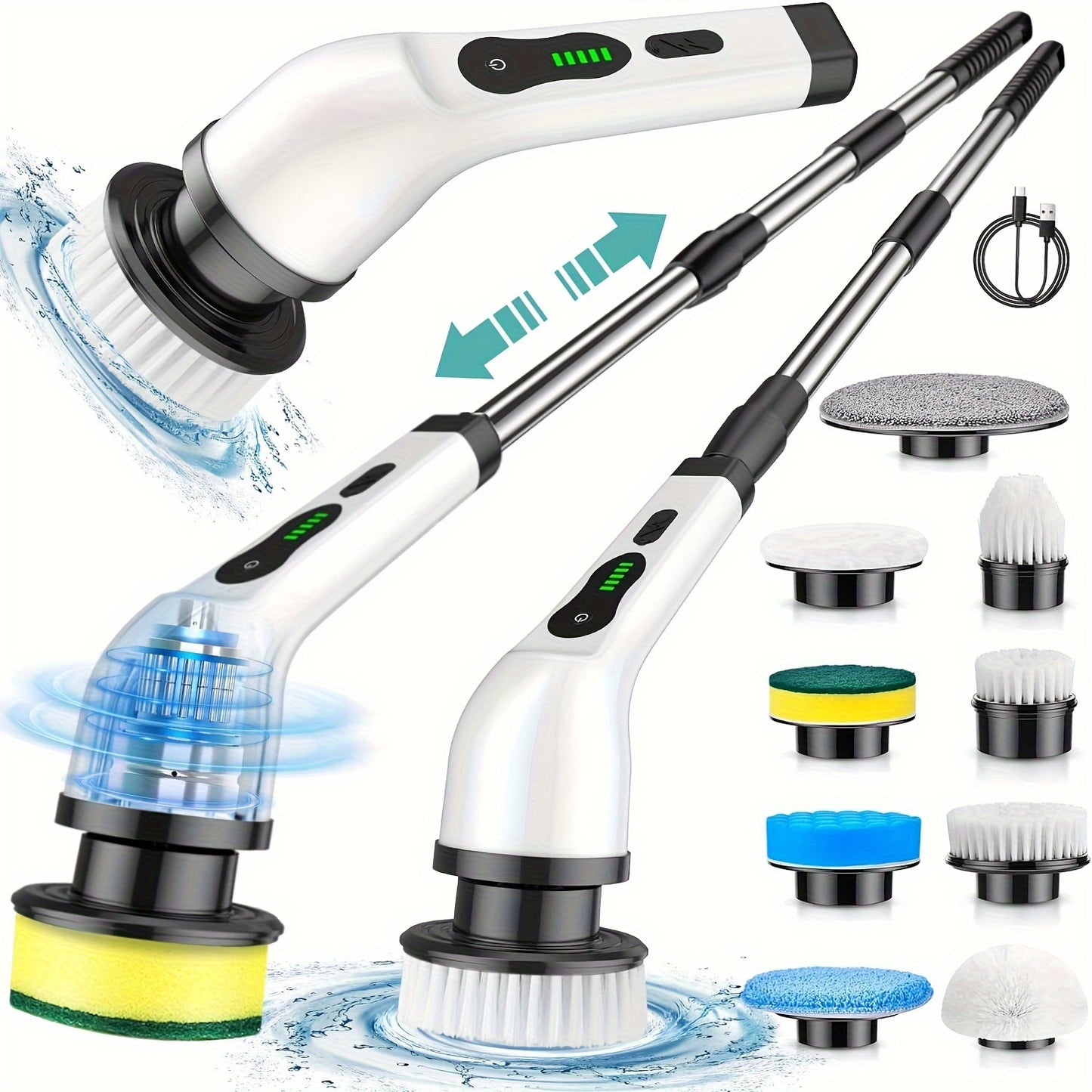 Electric Rotary Cleaner, 2H Power Dual Speed Cordless Cleaning Brush, Adjustable Extension Handle With 9 Replaceable Brush Heads, Suitable For Bathroom Bathtub Tile Floor Car