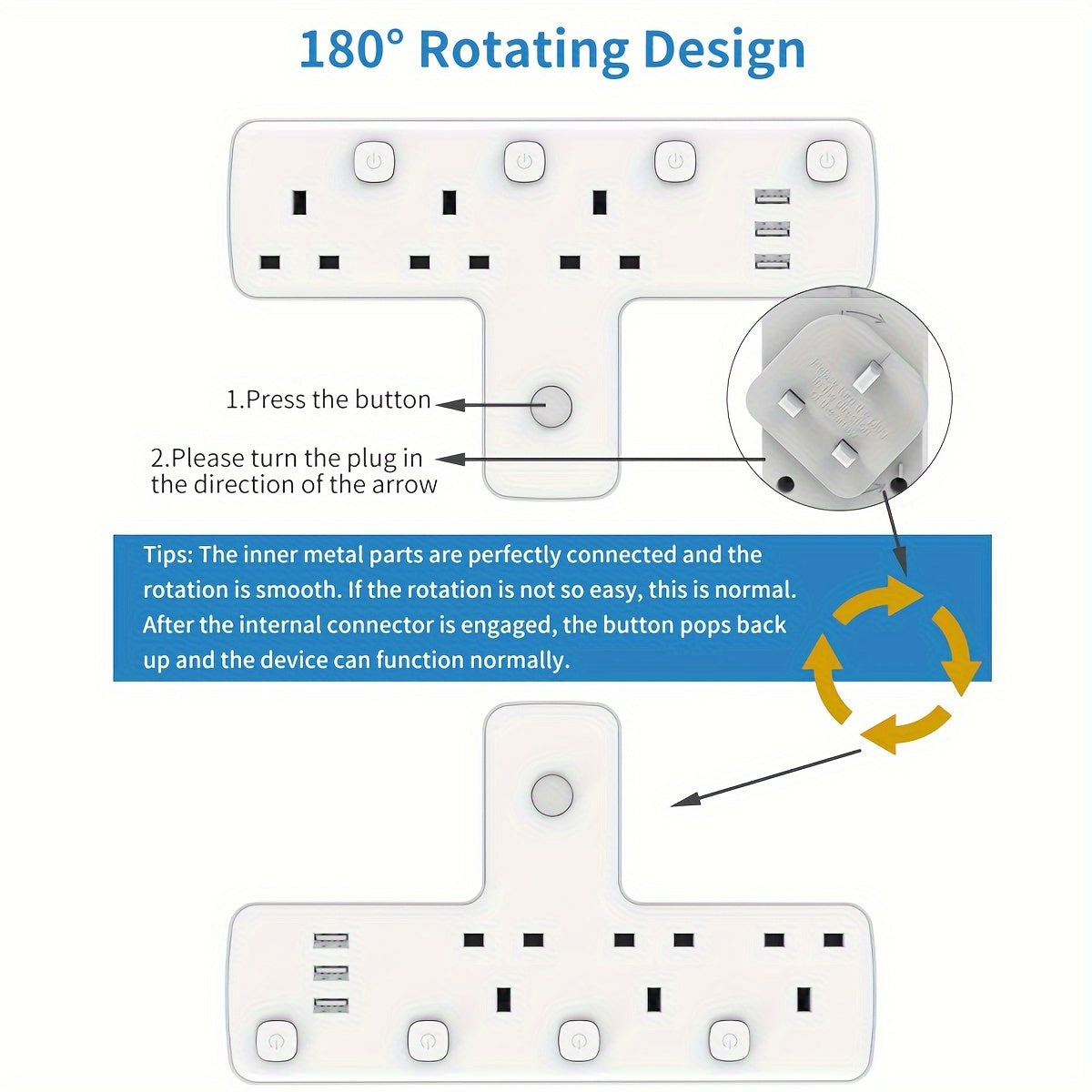 3250W Max Power 3 Way UK Plug Wall Electrical Outlet Adapter with 3 USB Ports, Surge Protection, ON/OFF Switches, and 180 Degree Rotation Button Design