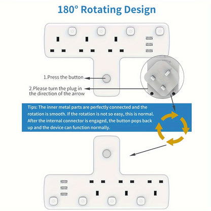 3250W Max Power 3 Way UK Plug Wall Electrical Outlet Adapter with 3 USB Ports, Surge Protection, ON/OFF Switches, and 180 Degree Rotation Button Design