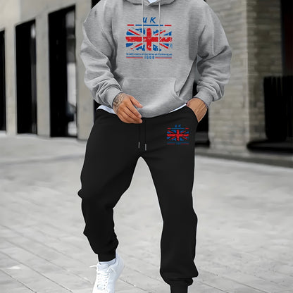 2pcs Men's Retro UK Flag Print Long Sleeve Hoodie + Sweatpants Set, Casual Trendy Co-ord Set As Gift