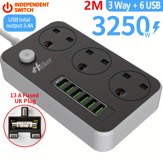 2M Durable Hulker Power Strips with 3 Way Outlets, 6 USB Ports, Smart USB Charger, and UK Socket