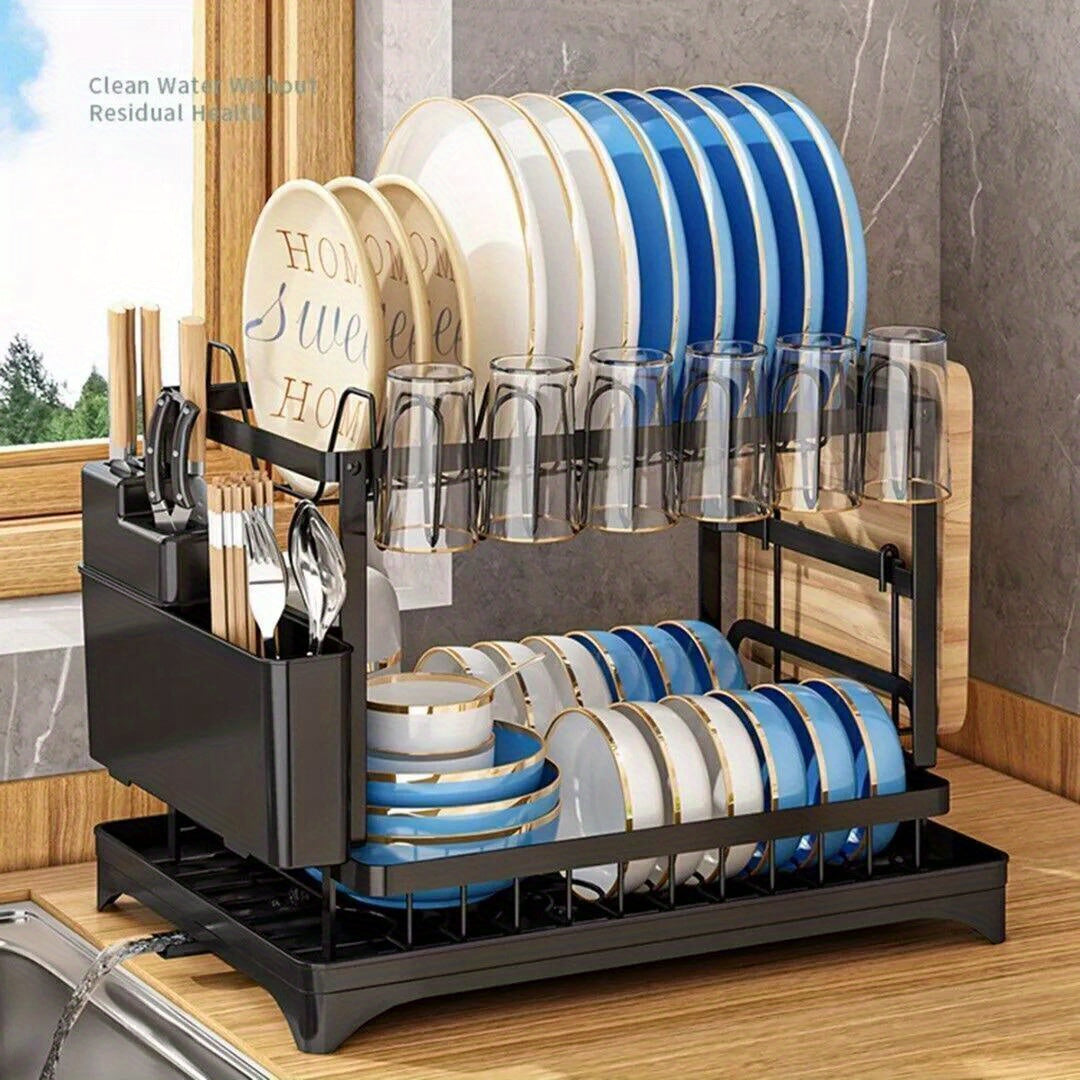 2 Tier Home Kitchen Sink Dish Drainer Rack with Drip Tray Cutlery Holder Plate