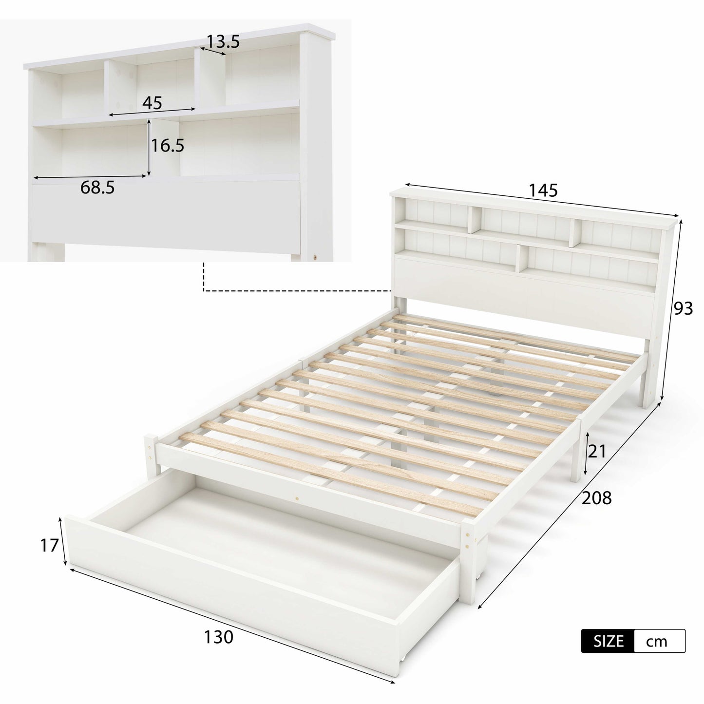 BTM UK New TV 4ft6 single Bed （90*190cm）Double (135 x 190 cm) Bed with Shelves, White Wooden Storage Bed, Underbed Drawer dusk bed