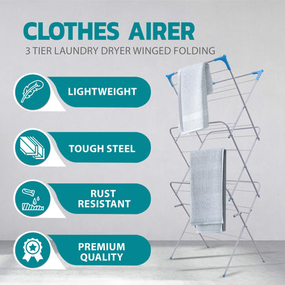 3 Tier Folding Clothes Airer, Foldable Clothes Horse, Clothes Rack for Indoor & Outdoor Use, Clothes Drying Rack, Clothes Airer Indoor, Flat Foldable Washing Line with Non-Slip Feet