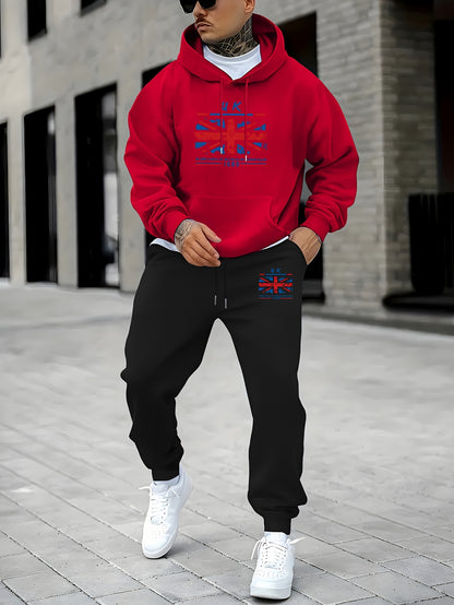 2pcs Men's Retro UK Flag Print Long Sleeve Hoodie + Sweatpants Set, Casual Trendy Co-ord Set As Gift