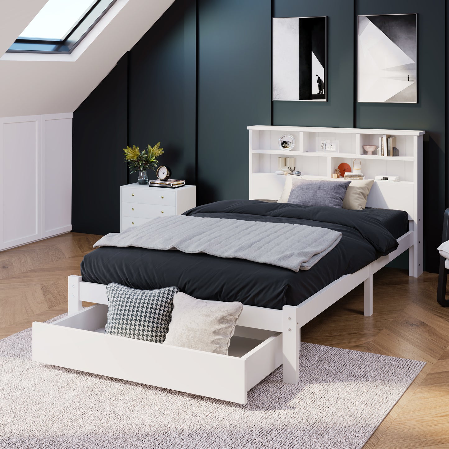 BTM UK New TV 4ft6 single Bed （90*190cm）Double (135 x 190 cm) Bed with Shelves, White Wooden Storage Bed, Underbed Drawer dusk bed