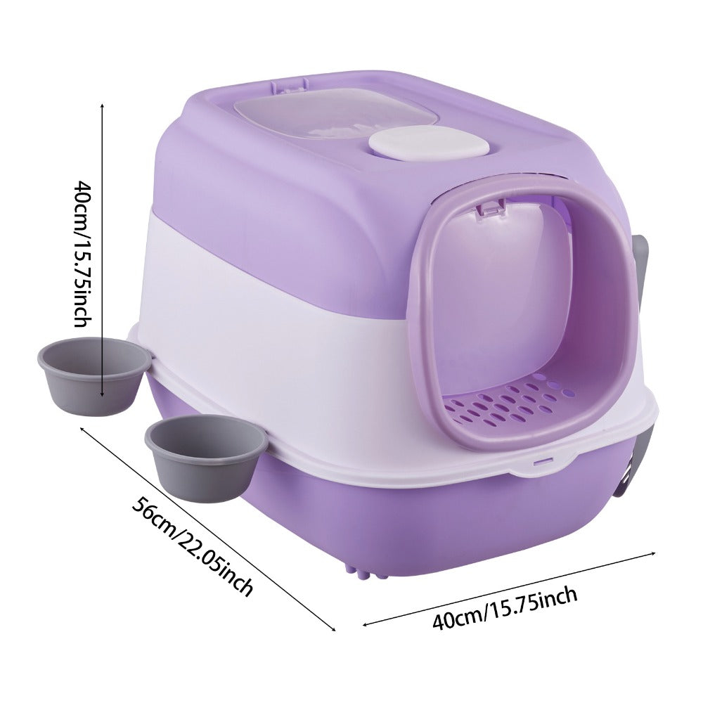 Large Top Out Cat Litter Box, Spacious with Two Cat Exits, Large Cat Litter Box with Scoop and 2 Bowl, Cat Litter Tray with Sterilization Function, Odor Prevention, Splash Prevention, Cat Toilet, Easy To Clean, Purple