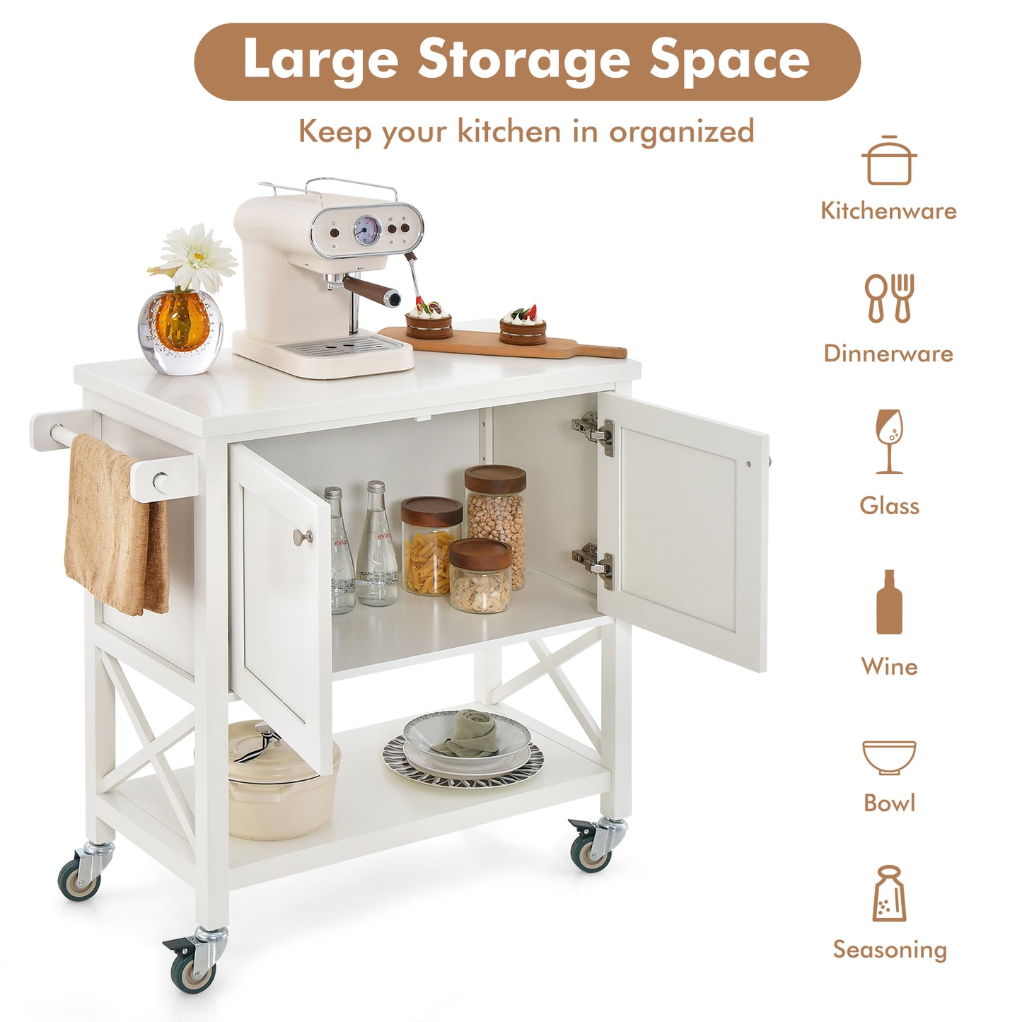 COSTWAY Kitchen Cart with Storage Cabinet, Kitchen Island Cart Rolling Trolley Cart with Towel Rack & Spice Rack, Wood Tabletop, Mobile Island Table for Kitchen, Bar & Small Space