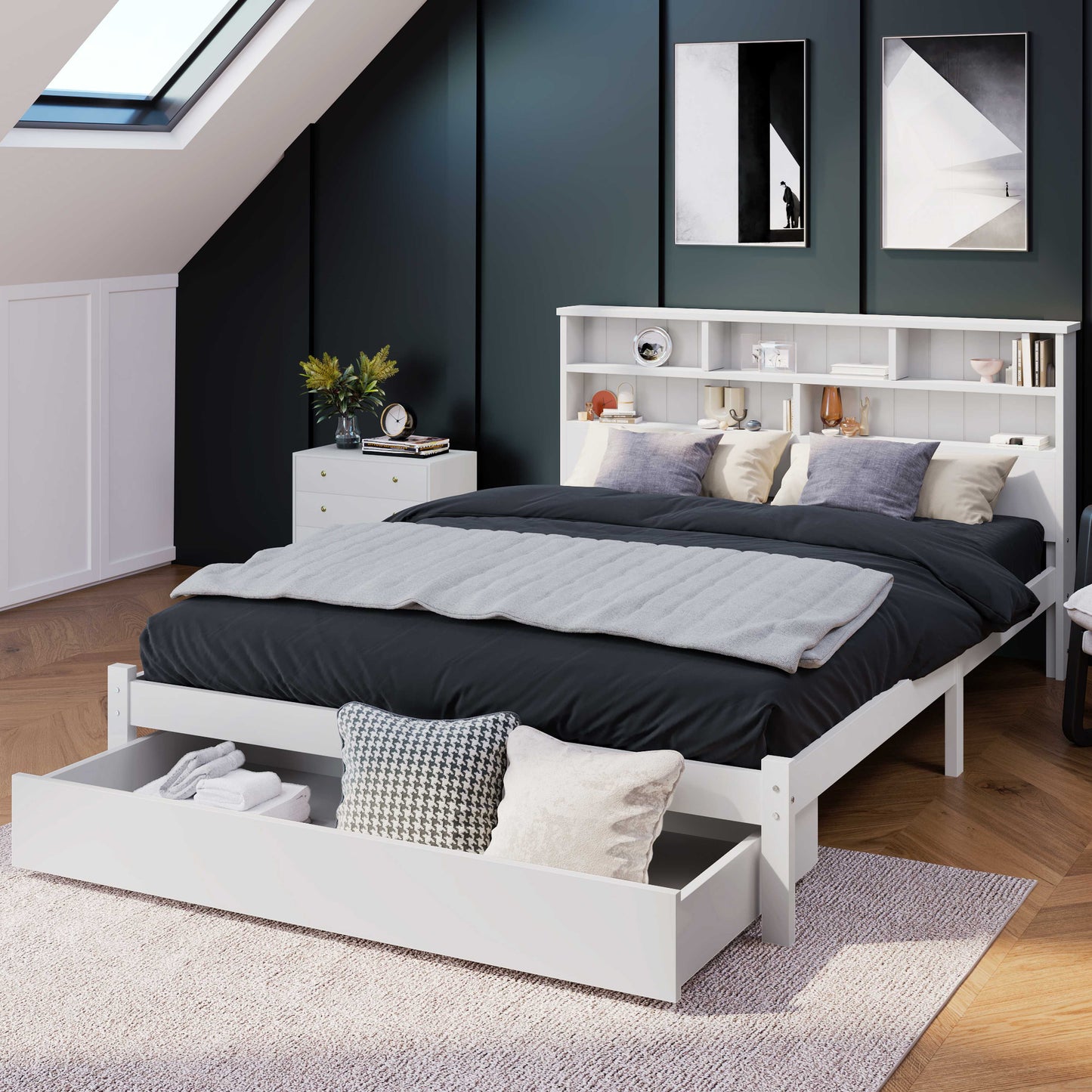 BTM UK New TV 4ft6 single Bed （90*190cm）Double (135 x 190 cm) Bed with Shelves, White Wooden Storage Bed, Underbed Drawer dusk bed