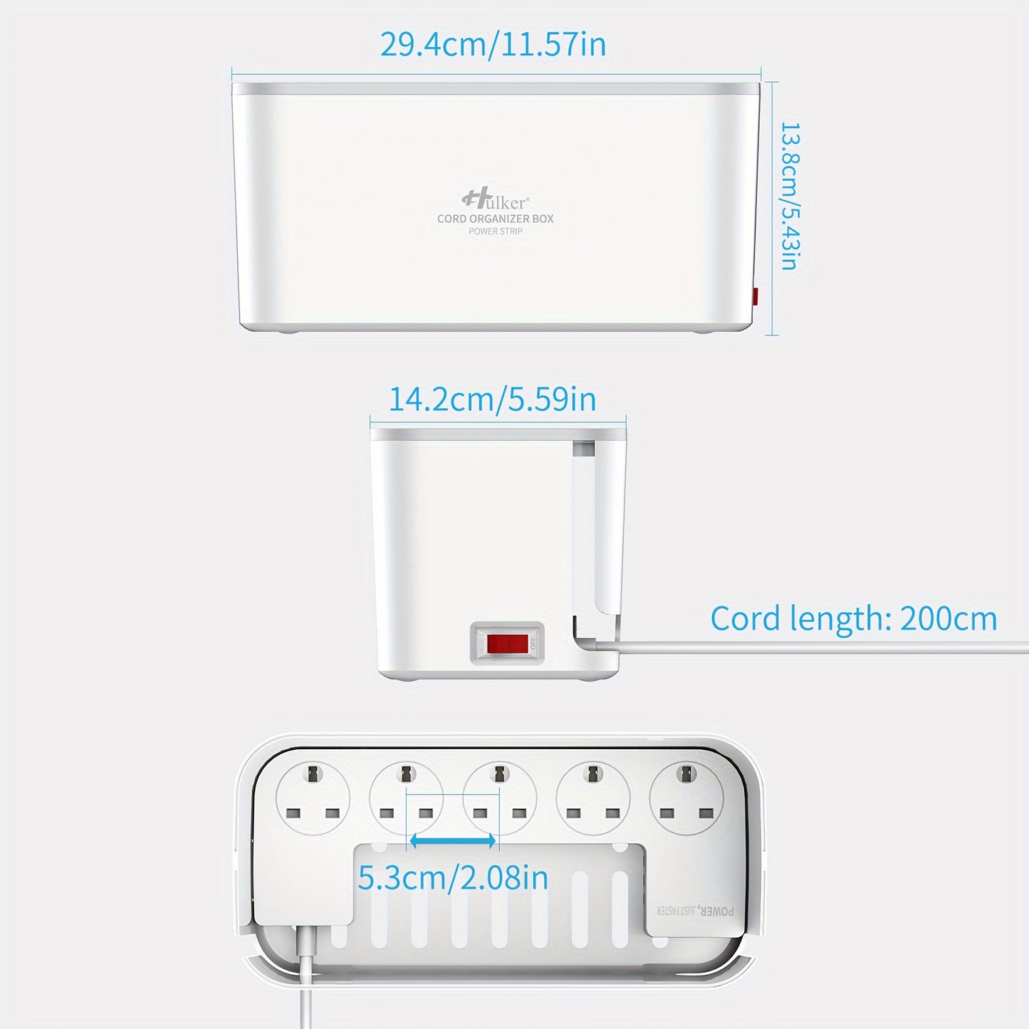 Hulker Extension Lead with USB Slots Cable Tidy Box, 5 Way Outlets 3 USB Ports Tidy Socket Extension with Overload Protection 3250W 13A Cord 2M Power Strip Cable Management Box White