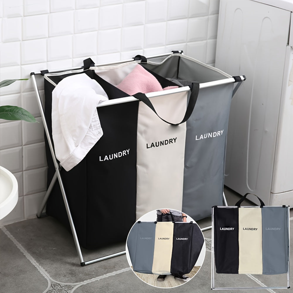 Large Capacity 3-Section Foldable Laundry Hamper Sorter Basket Bag with Aluminum Frame, Breathable and Easy to Clean, 135L, 24'' × 14'' X 23'', White+Grey+Black