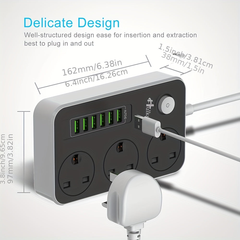 2M Durable Hulker Power Strips with 3 Way Outlets, 6 USB Ports, Smart USB Charger, and UK Socket