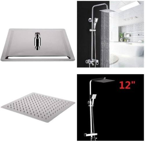 12 Large Square Shower Head Chrome Stainless Steel Rainfall Overhead Bathroom