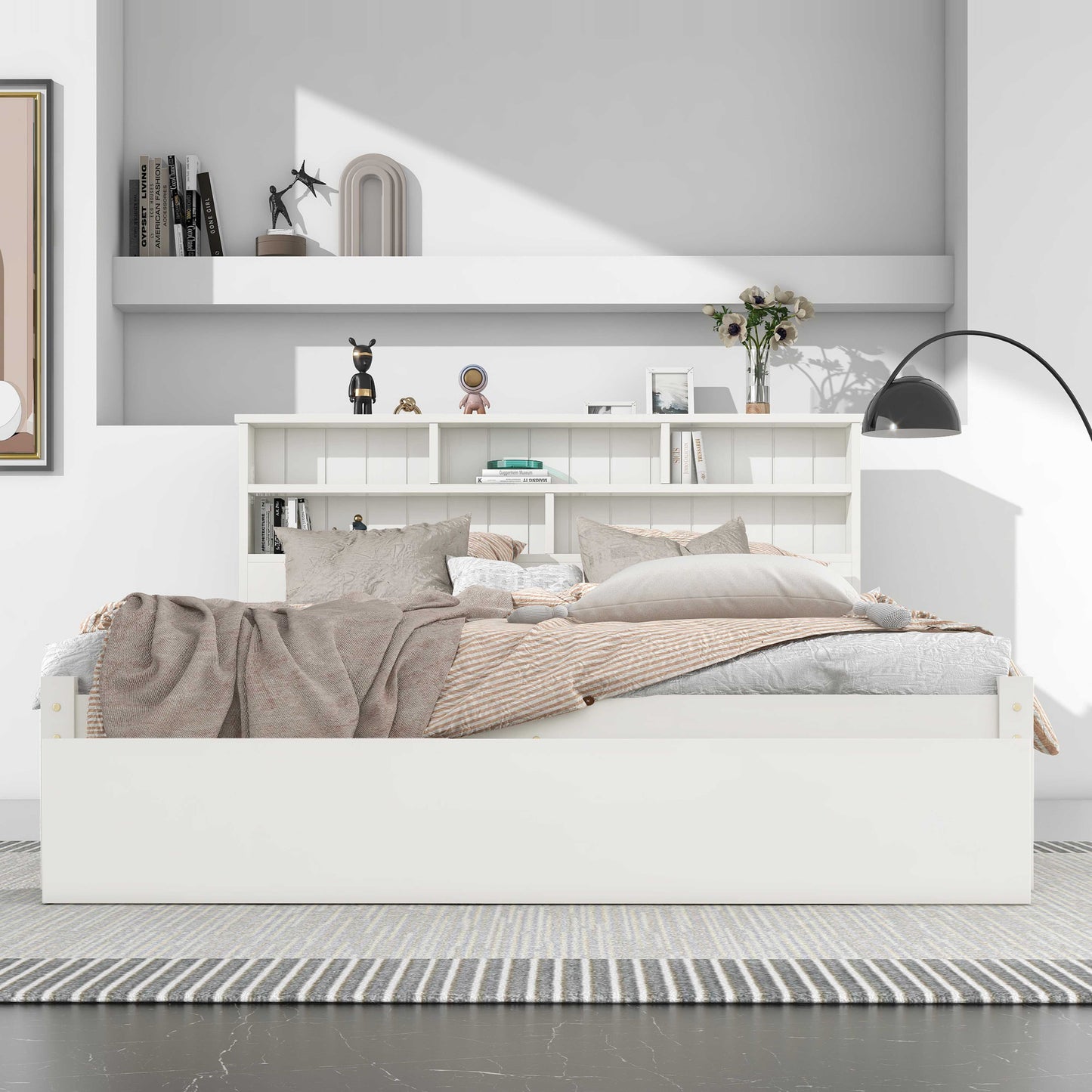 BTM UK New TV 4ft6 single Bed （90*190cm）Double (135 x 190 cm) Bed with Shelves, White Wooden Storage Bed, Underbed Drawer dusk bed