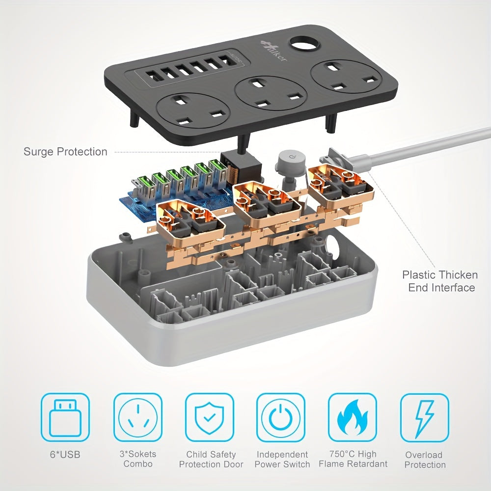 2M Durable Hulker Power Strips with 3 Way Outlets, 6 USB Ports, Smart USB Charger, and UK Socket