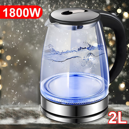 2L 1800W High Borosilicate Glass Electric Kettle with Stainless Steel Fast Boiling Element, Blue LED Lighting, 360° Rotatable Base, Auto Shut-Off, and Dry Burn Protection - Perfect for Home & Office