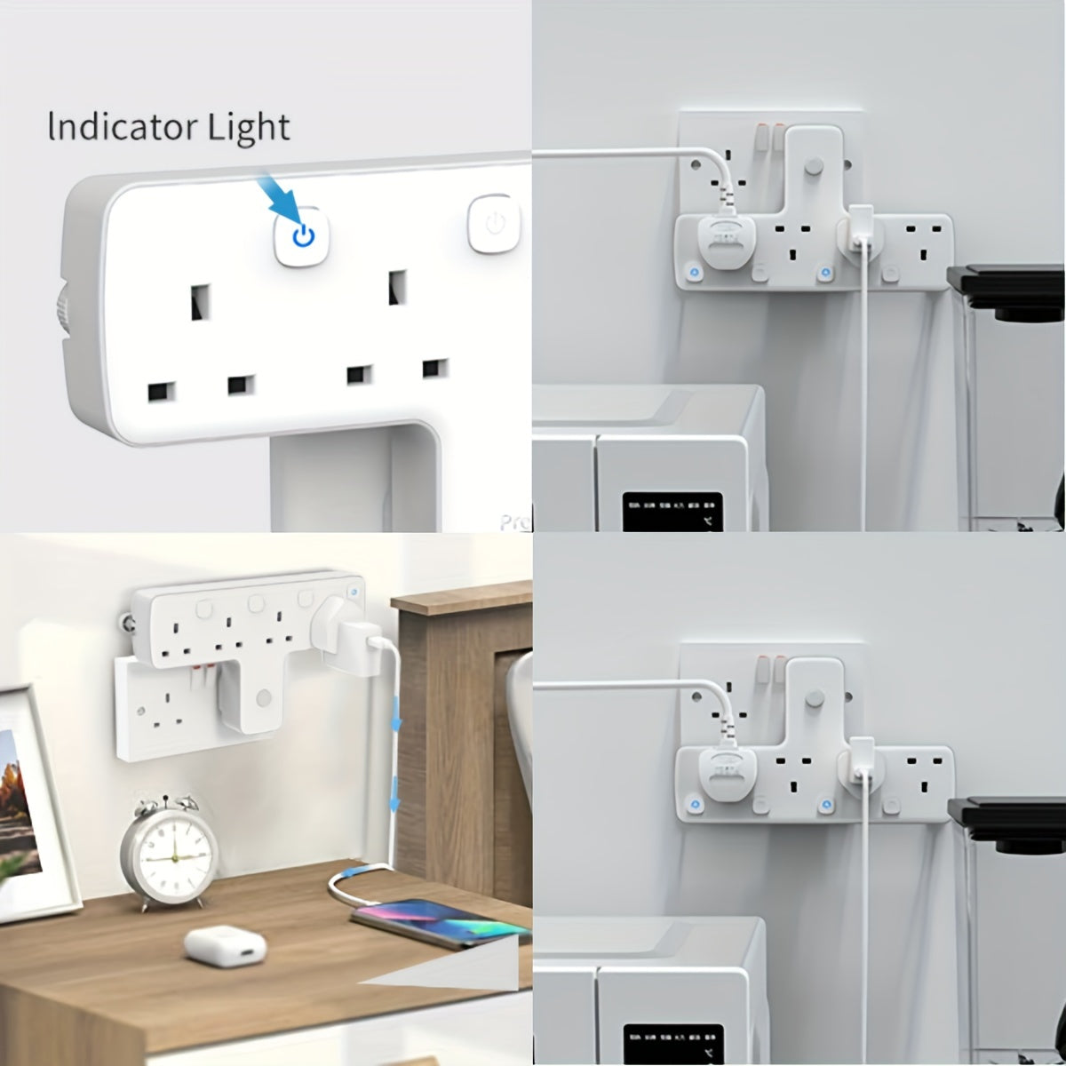 MSCIEN 4-Way UK Plug Wall Extension Socket with ON/OFF Switches, Surge Protector, USB Slot, 180 Degree Rotation, 3250W Power Max for Home Office Travel - Flat Shape, 220-240V