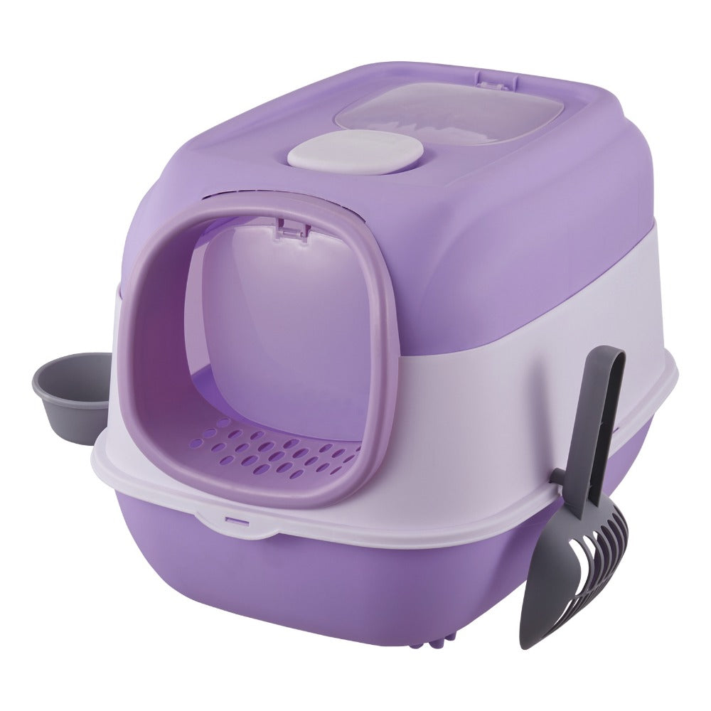 Large Top Out Cat Litter Box, Spacious with Two Cat Exits, Large Cat Litter Box with Scoop and 2 Bowl, Cat Litter Tray with Sterilization Function, Odor Prevention, Splash Prevention, Cat Toilet, Easy To Clean, Purple