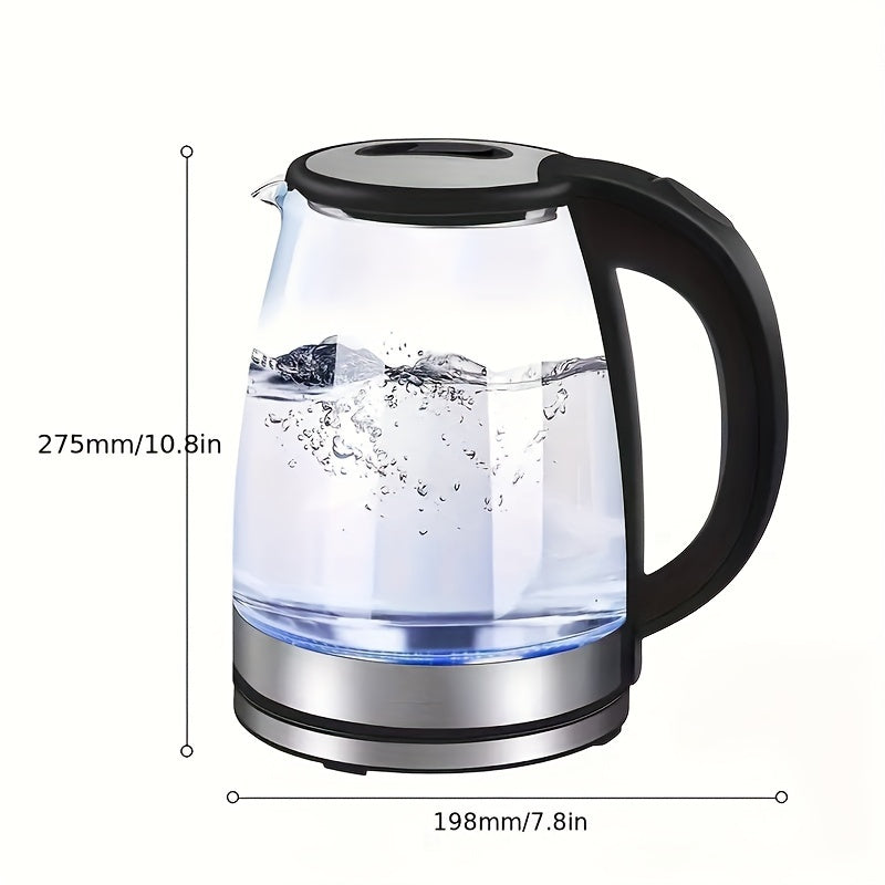 2L 1800W High Borosilicate Glass Electric Kettle with Stainless Steel Fast Boiling Element, Blue LED Lighting, 360° Rotatable Base, Auto Shut-Off, and Dry Burn Protection - Perfect for Home & Office