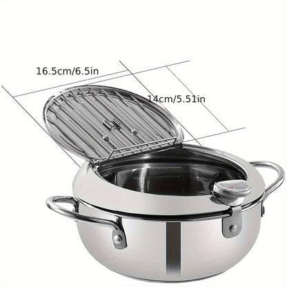 1pc Tempura Deep Fry Pot, Thickened Stainless Steel Tempura Fryer With Thermometer, Japanese Style Tempura Fryer Pan