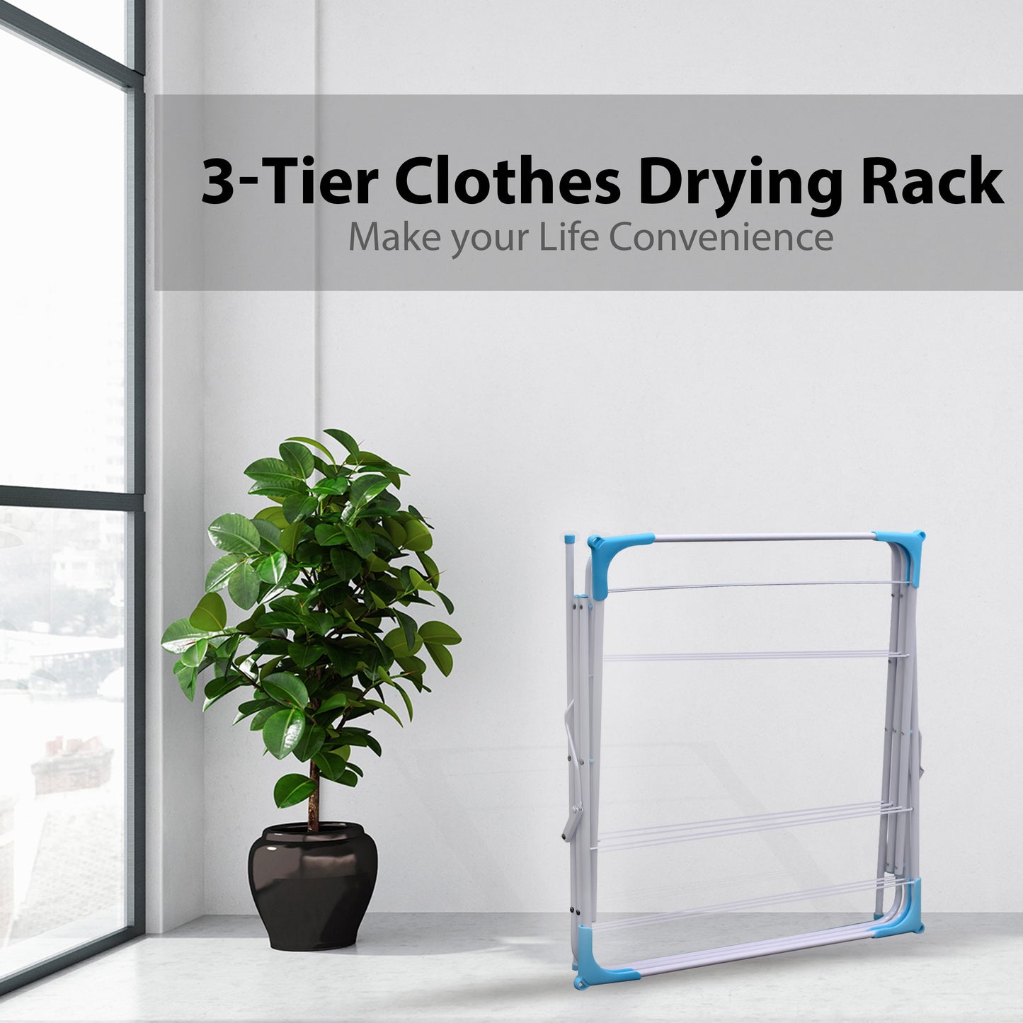 3 Tier Folding Clothes Airer, Foldable Clothes Horse, Clothes Rack for Indoor & Outdoor Use, Clothes Drying Rack, Clothes Airer Indoor, Flat Foldable Washing Line with Non-Slip Feet