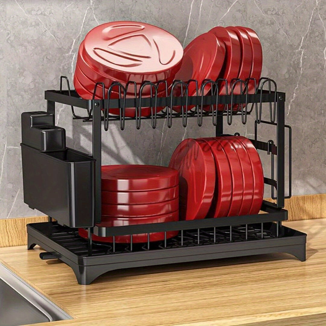 2 Tier Home Kitchen Sink Dish Drainer Rack with Drip Tray Cutlery Holder Plate