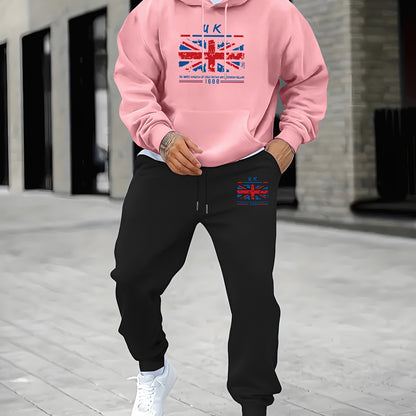 2pcs Men's Retro UK Flag Print Long Sleeve Hoodie + Sweatpants Set, Casual Trendy Co-ord Set As Gift