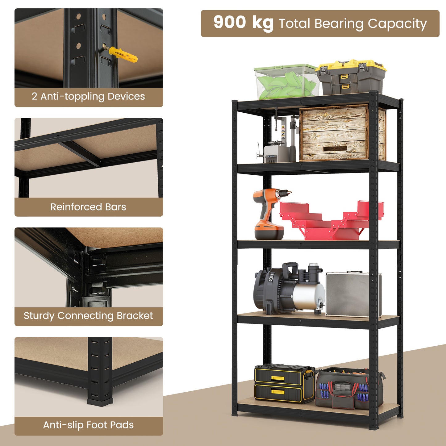 COSTWAY 5 Tier Adjustable Garage Shelving Unit, Heavy-Duty Metal Storage Shelves w/ 900kg Max Load, Multipurpose Organizing Shelf for Warehouse, Shed, Pantry