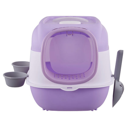 Large Top Out Cat Litter Box, Spacious with Two Cat Exits, Large Cat Litter Box with Scoop and 2 Bowl, Cat Litter Tray with Sterilization Function, Odor Prevention, Splash Prevention, Cat Toilet, Easy To Clean, Purple