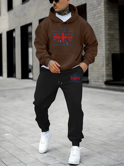 2pcs Men's Retro UK Flag Print Long Sleeve Hoodie + Sweatpants Set, Casual Trendy Co-ord Set As Gift