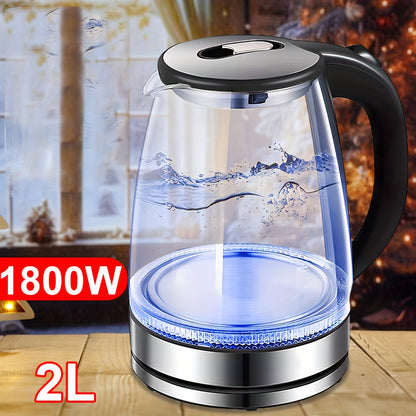 2L 1800W High Borosilicate Glass Electric Kettle with Stainless Steel Fast Boiling Element, Blue LED Lighting, 360° Rotatable Base, Auto Shut-Off, and Dry Burn Protection - Perfect for Home & Office