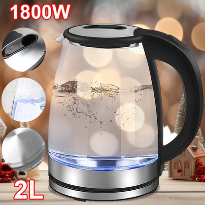 2L 1800W High Borosilicate Glass Electric Kettle with Stainless Steel Fast Boiling Element, Blue LED Lighting, 360° Rotatable Base, Auto Shut-Off, and Dry Burn Protection - Perfect for Home & Office