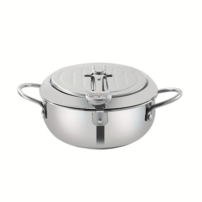 1pc Tempura Deep Fry Pot, Thickened Stainless Steel Tempura Fryer With Thermometer, Japanese Style Tempura Fryer Pan