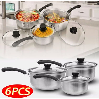 6 Pcs Stainless Steel Saucepan Essential Cookware Set With Glass Lids & Sturdy Handles Pot Prima Kitchen Cook Home Chef Cooking Sauce Pan Housewarming Gifts UK