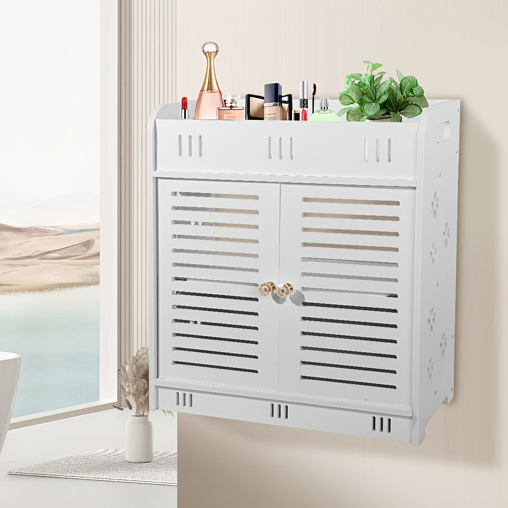 Versatile White Freestanding Bathroom Storage Cabinet - Waterproof & Mold-Proof, Large Capacity for Cosmetics & Toiletries, Slim Design with Ventilated Shelves, Ideal for Home & Office, 43x38x18cm, Bathroom Organizers And Sto