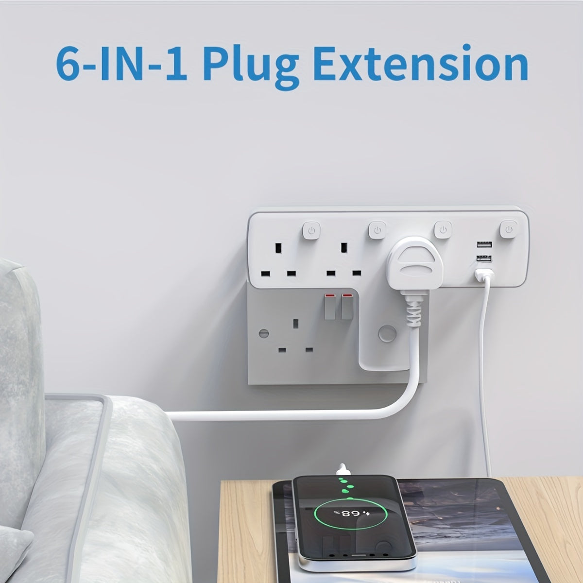 3250W Max Power 3 Way UK Plug Wall Electrical Outlet Adapter with 3 USB Ports, Surge Protection, ON/OFF Switches, and 180 Degree Rotation Button Design