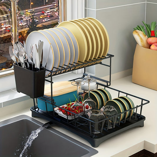 1pc Large 2-Tier Stainless Steel Dish Drying Rack With Drainboard Set - Space-Saving, Lockable, Floor-Mounted Kitchen Organizer Utensil Holder, And Extra Drying Mat For Efficient Dish Drying And Organization Perfect For Kitch