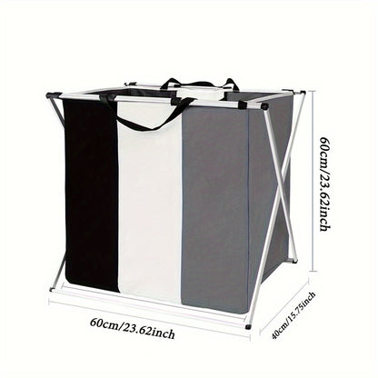 Large Capacity 3-Section Foldable Laundry Hamper Sorter Basket Bag with Aluminum Frame, Breathable and Easy to Clean, 135L, 24'' × 14'' X 23'', White+Grey+Black