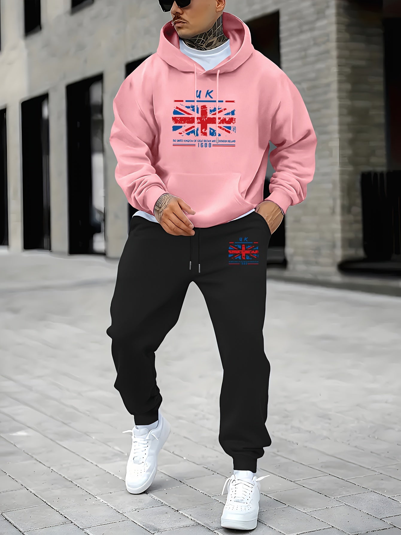 2pcs Men's Retro UK Flag Print Long Sleeve Hoodie + Sweatpants Set, Casual Trendy Co-ord Set As Gift