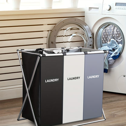 Large Capacity 3-Section Foldable Laundry Hamper Sorter Basket Bag with Aluminum Frame, Breathable and Easy to Clean, 135L, 24'' × 14'' X 23'', White+Grey+Black