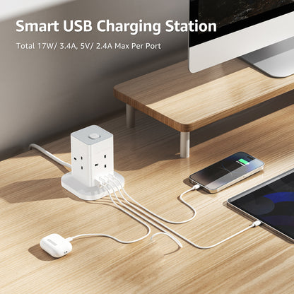 5M/3M/2M/1.5M Cube Extension Lead With USB Slots, 4AC+4USB 1.5M, 8AC+4USB 3M/5M, 12AC+4USB 2M/5M Hotimy Multi Plug Extension Socket With 2 USB C And 2 USB A, 13A 3250W Power Strip With Switch Extension Cords For Desk Home Off