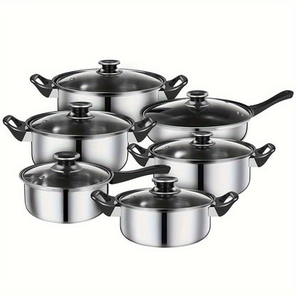 12pcs Stainless Steel Pot Set, Stainless Steel Cooking Pot, 6 Pots + 6 Lids, Stainless Steel Double Handles with Lid, Deep Soup Pot, Suitable for Home And Restaurant Cooking, Suitable for Soup, Hot Pot, Noodles, Pasta, Seafoo