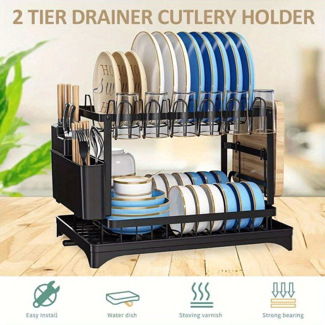 2 Tier Home Kitchen Sink Dish Drainer Rack with Drip Tray Cutlery Holder Plate