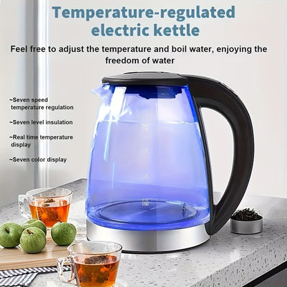 2L 1800W High Borosilicate Glass Electric Kettle with Stainless Steel Fast Boiling Element, Blue LED Lighting, 360° Rotatable Base, Auto Shut-Off, and Dry Burn Protection - Perfect for Home & Office