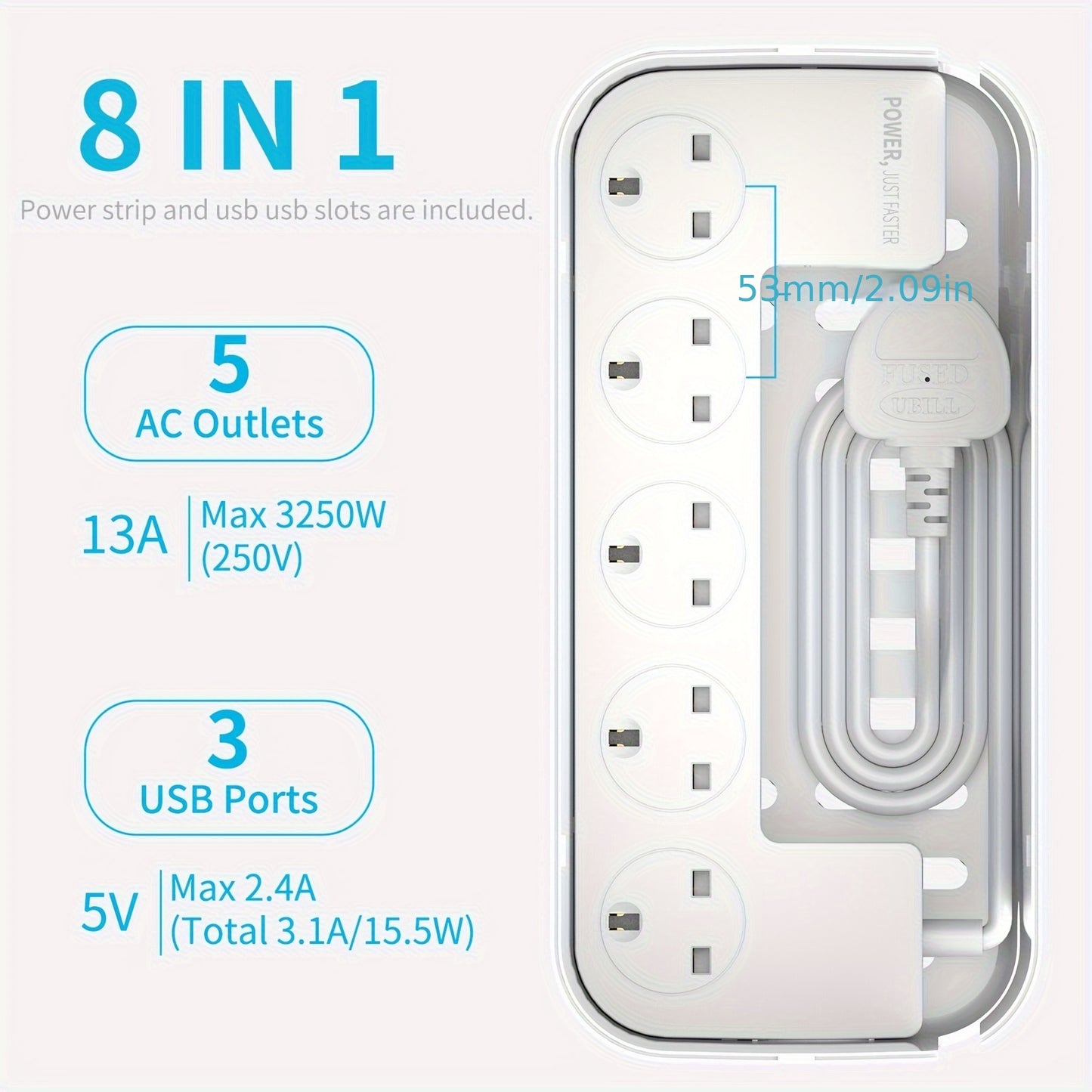 Hulker Extension Lead with USB Slots Cable Tidy Box, 5 Way Outlets 3 USB Ports Tidy Socket Extension with Overload Protection 3250W 13A Cord 2M Power Strip Cable Management Box White