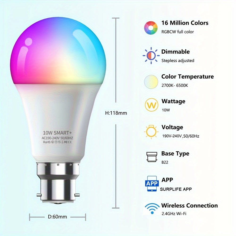 3pcs B22 LED Smart Bulbs, 10W RGB+CCT Dimmable Lighting, WiFi & Wireless Connectivity, Works with Alexa, Google Assistant, IFTTT, SmartThings - Ideal for Home Decor, Parties & Gaming, No Hub Needed