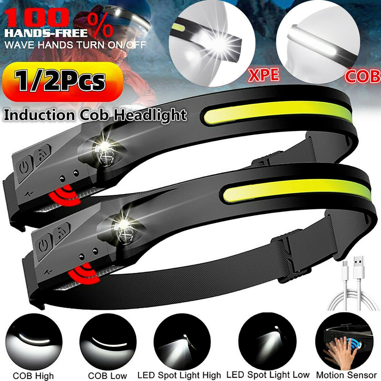 1 2X LED Head Torch Rechargeable Waterproof COB Headlamp Motion Sensor Headlight  The UK Does Not Include VAT, Which Needs To Be Borne By Oneself. Please Consider Carefully Before Placing An Order