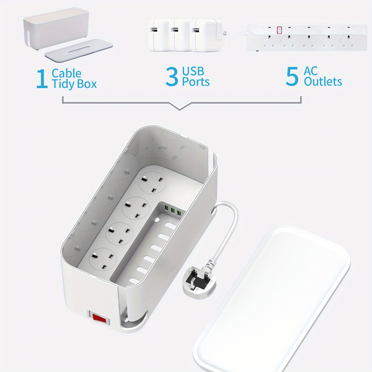 Hulker Extension Lead with USB Slots Cable Tidy Box, 5 Way Outlets 3 USB Ports Tidy Socket Extension with Overload Protection 3250W 13A Cord 2M Power Strip Cable Management Box White